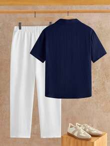 HIMLAND 男士純色短袖 Polo 衫與長褲休閒套裝 - 白色 - 查看 2