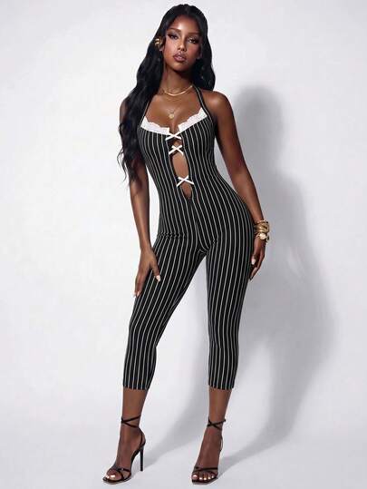 Amplova Cutout Bow Lace Trim Spaghetti Strap Tie-Up Bodycon Mini Romper Club Night Out Black And White Striped Summer Sexy