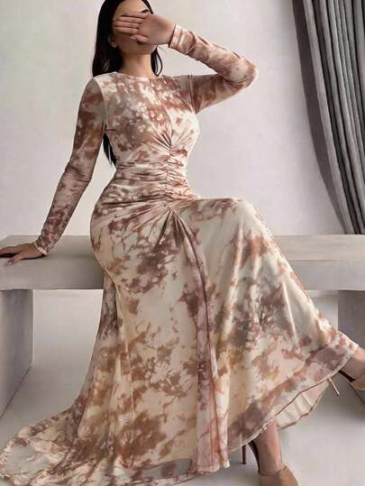 Veilorie Women's Tie-Dye Round Neck Long Sleeve Pleated Elegant Modest Middle Eastern Arabian Dress Summer