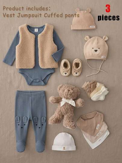 Bộ 3 món đồ ngủ mặc nhà cho bé gái sơ sinh thu đông, áo bodysuit dệt kim gân tay dài, quần dài có chân, thêu họa tiết dễ thương, thiết kế tai 3D, áo vest lông xù, chất cotton pha mềm mại, thời trang đa năng
