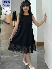 SHEIN Tween女孩青少年女孩春/夏棉質黑色圓領可愛洋裝，適合休閒度假、海灘度假、日常休閒穿著 - 黑色 - 查看 8