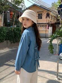 Livesso Turn-Down Collar Washed Denim Shirt Top With Bow Decor On Back For Tween Girls Fall - Medium Wash - View 1
