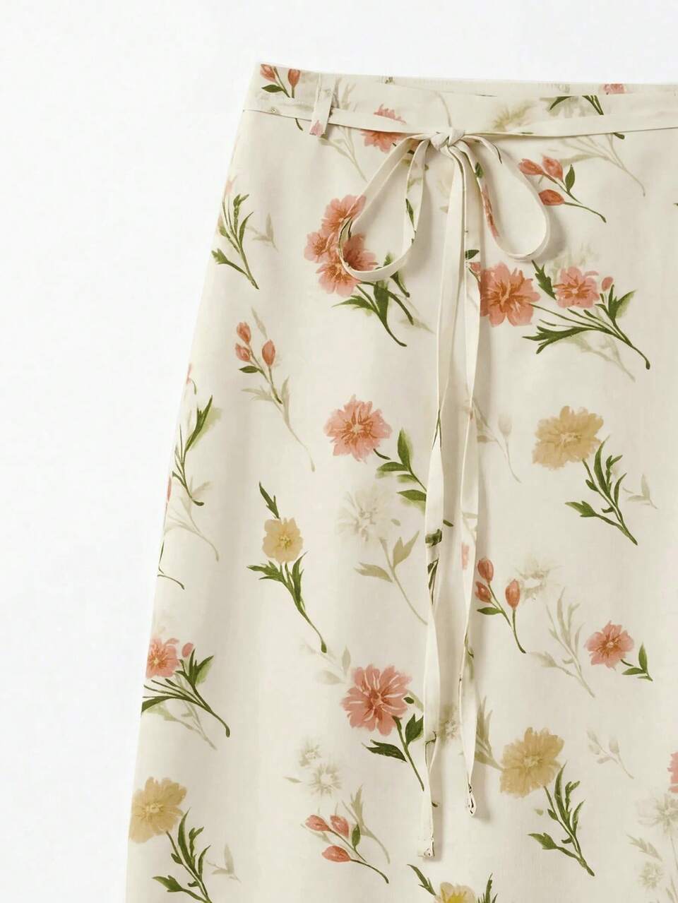 Off-White High-Waisted Floral Print Midi Skirt With Tied Waist Cute Chic Summer Holiday Vintage Gothic Alt Casual Picnic Brunch