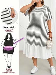 SHEIN CURVE+ 大尺碼女款夏季時尚休閒寬鬆舒適日常百搭黑白條紋拼接荷葉邊短袖中長洋裝，曲線可愛洋裝，極簡風格，歐美大尺碼荷葉邊洋裝，休閒女款旅行洋裝 - 白色 - 查看 1