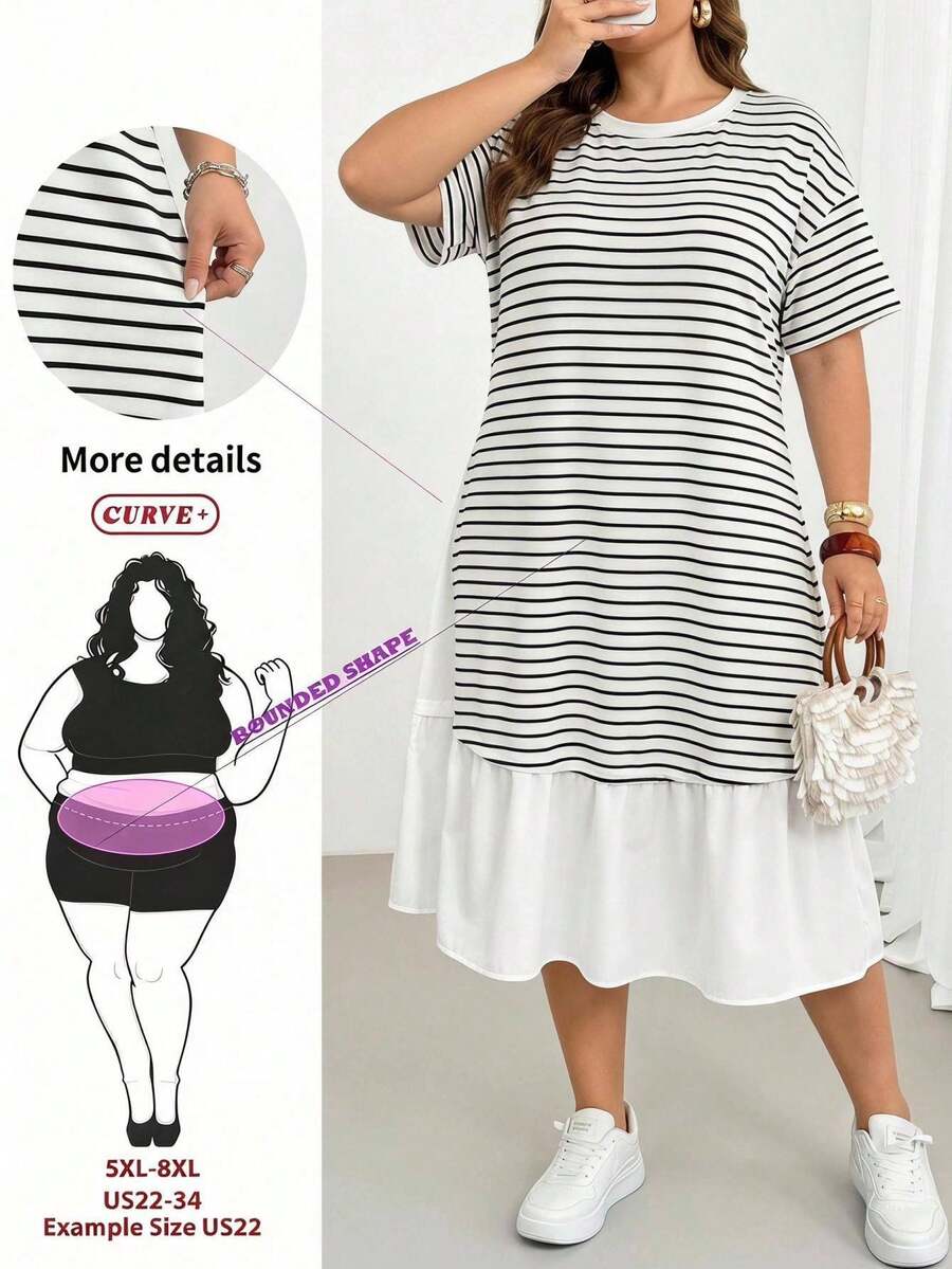 SHEIN CURVE+ 大尺碼女款夏季時尚休閒寬鬆舒適日常百搭黑白條紋拼接荷葉邊短袖中長洋裝,曲線可愛洋裝,極簡風格,歐美大尺碼荷葉邊洋裝,休閒女款旅行洋裝 - 白色 - 查看 1