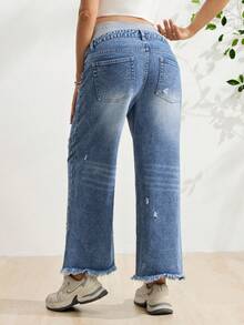 SHEIN Maternity Casual Loose Fit Washed Distressed Straight Leg Jeans Winter Holiday Outfits For Women, Baby Shower Beach Formal Gender Reveal Blue - Medium Wash - View 2