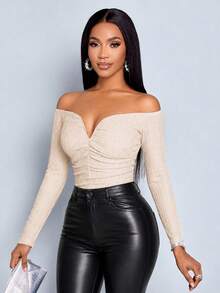 SOLERSUN Off Shoulder Ruched Crop Tee For Women, Textured Long Sleeve Slim Fit Sweetheart Neck T-Shirt - Apricot - View 4