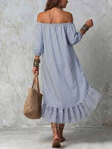 Hotletica Women's Off-Shoulder Blue And White Stripe 3/4 Sleeve Square Neck Lantern Sleeve Ruffle Hem Midi Dress, Casual Coastal Romantic Elegant, Summer, Sexy - Multicolor - View 2