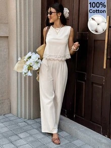 SHEIN Frenchy 女款蕾絲拼接圓領上衣與長褲休閒日常套裝 米色 夏季度假風 - 杏色 - 查看 9