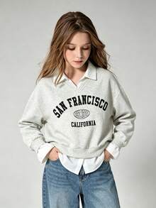 Genkimix Kids Young Girls Preppy 2-In-1 Collared Sweatshirt, Grey Letter Graphic Mock Neck Pullover Top Layered With White Shirt Hem - Light Grey - View 1