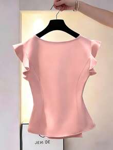 SHEIN LUNE 女士新款优雅不对称下摆荷叶袖衬衫，休闲度假装，适合日常通勤、情人节、狂欢节、海滩度假等场合 - 淺粉色 - 查看 2
