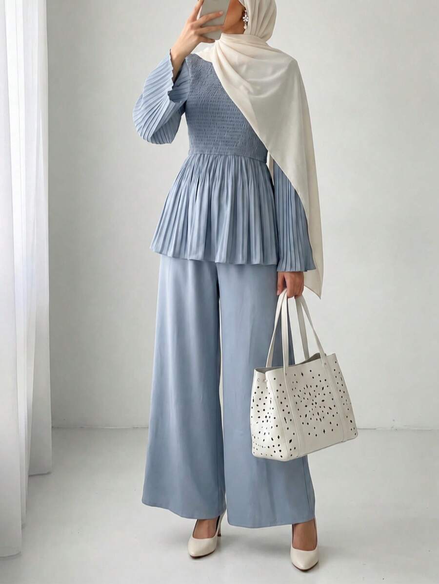 Solavon New Design Pleated Cinched Waist Everyday Versatile Vacation Wide Leg Pants 2 Pieces Set