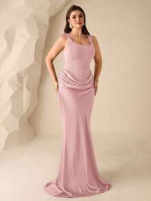 Coutiva 大尺碼女款高級晚禮服，優雅高端輕奢百褶無袖洋裝 - 粉色 - 查看 7