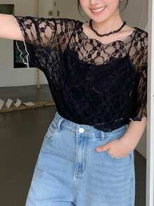 Dazy Plus Elegant Lace Contrast Patchwork Fitted Sheer Short Sleeve Black T-Shirt Spring/Summer Dates Evening Formal Birthday Vacation - Black - View 5