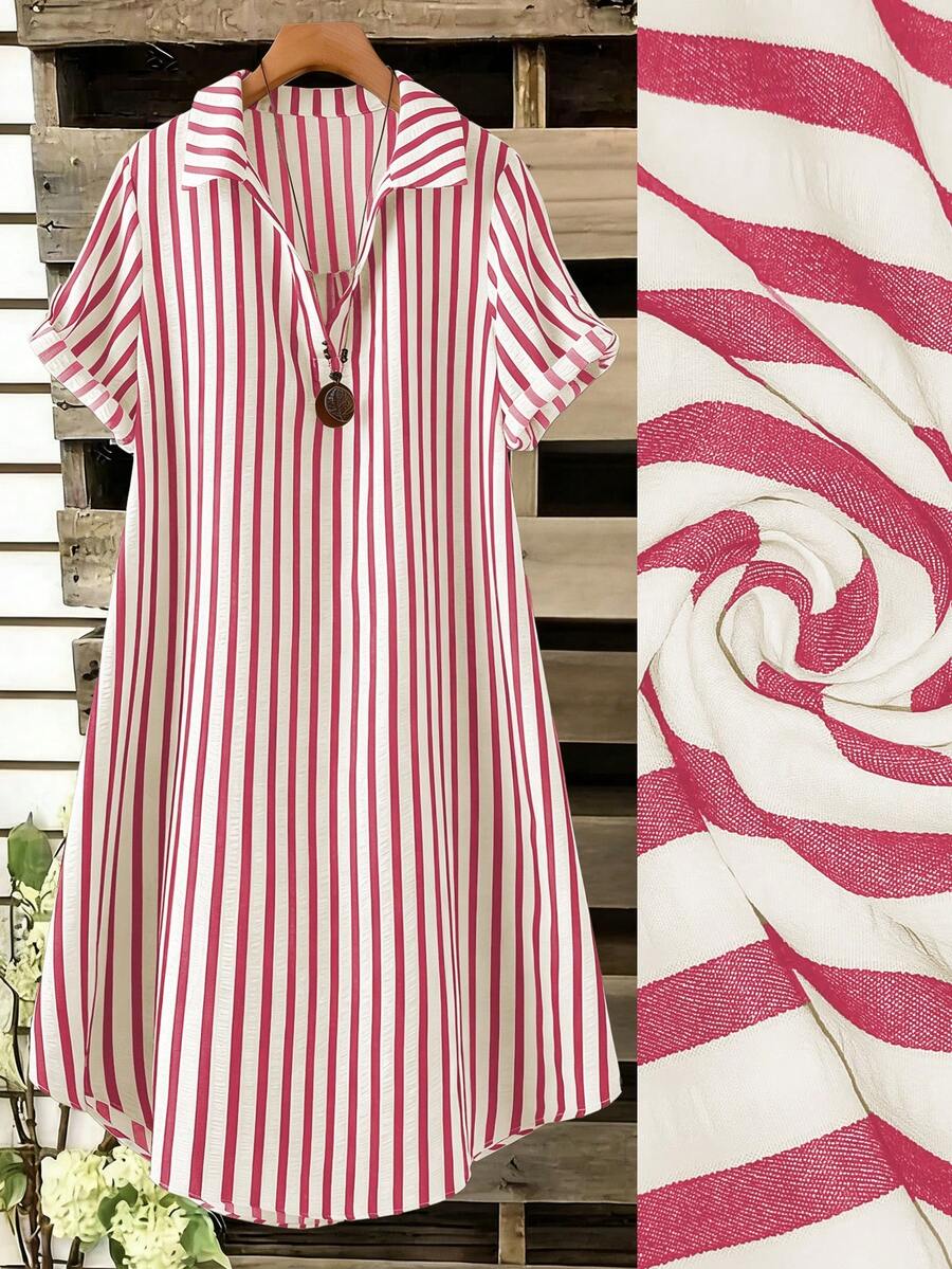 SHEIN Tall CURVE 大尺碼女款法式休閒夏季短袖V領長版洋裝 - 紅色 - 查看 1