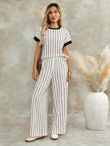 EMERY ROSE Women's Summer Casual Striped Top And Pants 2 Pieces Set Lounge Black And White Striped Casual Women Outfits 2-Piece Going Out Sets For Women - Multicolor - View 5