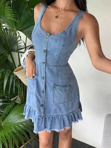 Sunnyshic Fashion Casual Open Front Ruffle Hem Washed Denim Holiday Dress - Light Wash - View 3