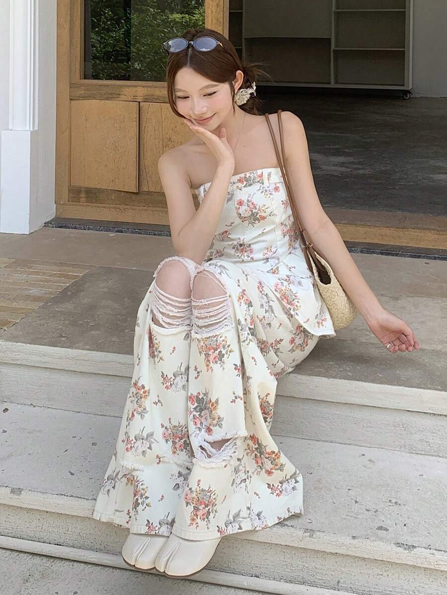 DAZY 女款全花卉印花抹胸上衣與休閒牛仔長褲套裝 夏季 - 白色 - 查看 1