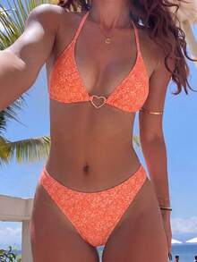 Swim Vcay 2026 Spring/Summer Orange Small Ditsy Floral Spaghetti Strap Halter Neck Tie Side High Cut Tie String Thong Bikini Sexy 2-Piece Set For Women Vacation - Multicolor - View 1