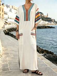 SHEIN LUNE CURVE Plus Size Women's Casual V-Neck Striped Print Loose Long Dress,Autumn Boho Beach Vacation Beach Vacation Holiday Dress White Fall - Apricot - View 5