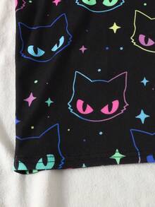 SHEIN Tween Girl Tween Girl Fluorescent Cartoon Cat Pattern Long Sleeve Pants Casual Comfortable Home Sleepwear Set 2pcs Tight Fall/Winter Outfits - Multicolor - View 4