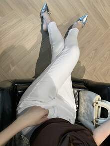 DAZY 女款夏季高腰純白色素色修身錐腳九分鉛筆牛仔褲，適合日間度假休閒、夜生活、日常穿搭與約會之夜 - 白色 - 查看 9