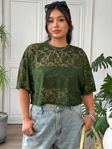 SHEIN EZwear 大尺碼女款網紗拼接性感透視休閒T恤 - 綠色 - 查看 6