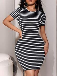 SHEIN SXY Striped Crew Neck Bodycon Dress - Black and White - View 6