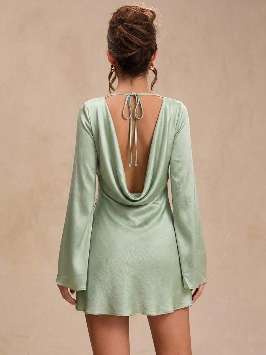 SHEIN BAE Autumn Women's Solid Sage Green Long Sleeve Backless Fitted A-Line Exquisite Mini Dress, Party Night Out Dress, Vacation Dress, Birthday Dress, Sexy - Green - View 1