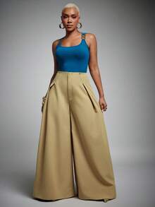Vixey Solid Woven High Waist Pleated Wide Leg Pants, Office, Casual Elegant, Tailored Trousers Khaki Green Summer - Camel - View 1