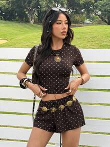 SHEIN EZwear 女款圓領短袖波點上衣與短褲休閒日常套裝 - 咖啡棕 - 查看 9