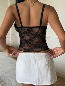 CovetEZ 女款優雅淡粉色蕾絲不對稱下擺細肩帶背心，春夏款 - 黑色 - 查看 2