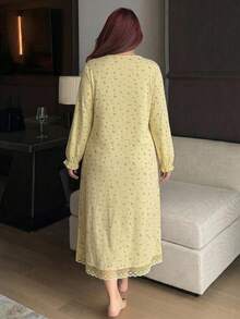 Dazy Plus Contrast Lace Short Sleeve Spring/Summer Ditsy Floral Loose Cute Long Plus Size Women's Loungewear Nightgown - Yellow - View 4