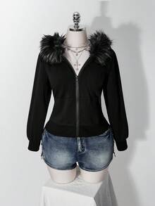SHEIN ICON 大尺碼女款 Y2K 復古毛領拼接休閒運動外套夾克，附口袋 - 黑色 - 查看 3