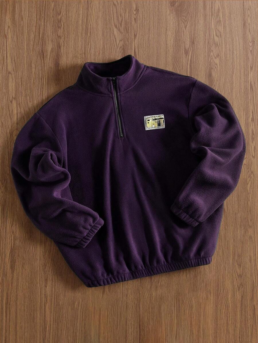 Manfinity Hypemode Sudadera holgada con cremallera frontal de cuarto y parche de franela para hombre, para otoño e invierno, top de manga larga - Morado Violeta - Ver 1