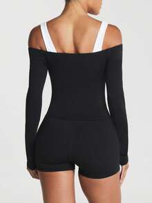 11SKNDS Off-Shoulder Long Sleeve Bardot Crop Top With Cold-Shoulder Cutout, Fitted Silhouette, Everyday Casual Layering Essential - Black - View 2