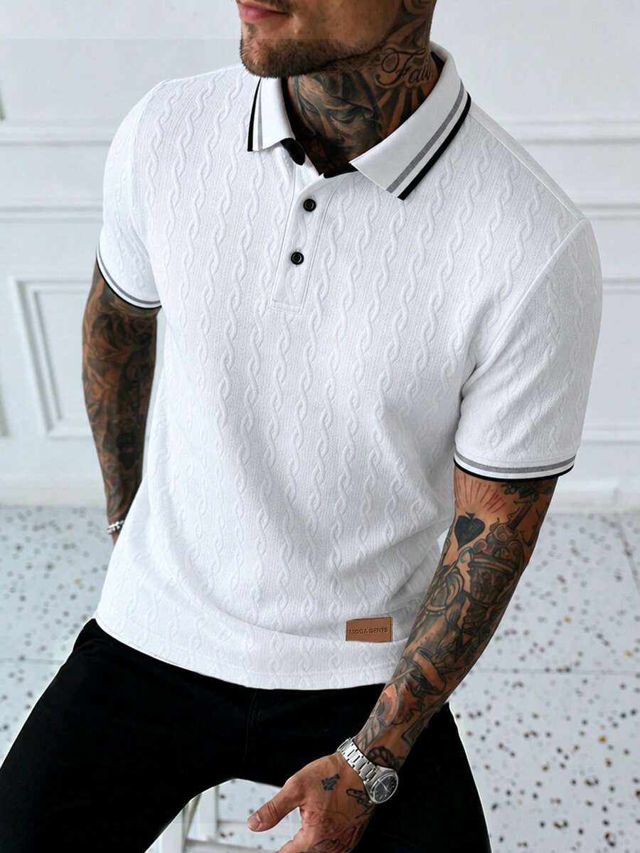 EGENSIO Camisa polo de punto jacquard con textura en cuello y puños acanalados, cierre con botones de perla negros, formal para hombre - Blanco - Ver 1