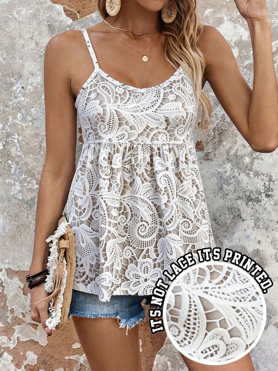 EMERY ROSE 3D Lace Print Camisole Vest Top, Casual Vacation Daily Wear, Apricot Color For Women, Spring/Summer - Apricot - View 1