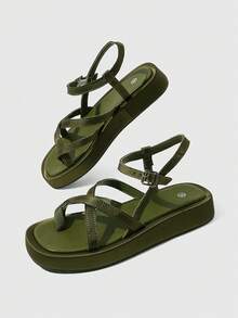 HighSole Sandalias de mujer primavera y verano nuevas con diseño de múltiples correas, espalda cruzada con hebilla, plataforma abierta, estilo simple y versátil, color verde viento, para uso diario, ir al trabajo y compras - Verde Oscuro - Ver 6