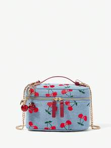 Viva Strut Ladies, Women Cherry Embroidery Cherry Pendant Top Handle Bag, Crossbody Bag, Fashionable, Personalized, Simple, Versatile, Street, Sweet And Cool Girls, Hot Girls, Y2k, For Date, Daily, Shopping, Party, Prom, Club, Date, Birthday, Evening, Date Nigh - denim blue - View 2