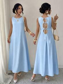 Elenzga Women's Spring/Summer Exquisite Elegant Romantic Casual Baby Blue Bead Bowknot Design Sleeveless Fitted Slim Fit Flared Long Dress Brunch Vacation - Sky Blue - View 1