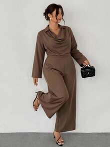Firerie Elegant Chocolate Brown Jumpsuit Suitable For Casual Office Formal Evening Or Daily Wear Featuring Long Sleeves Draped Neckline Teachers' Day Autumn - Brown - View 1
