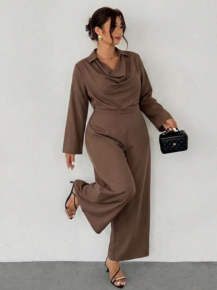 Firerie Elegant Chocolate Brown Jumpsuit Suitable For Casual Office Formal Evening Or Daily Wear Featuring Long Sleeves Draped Neckline Teachers' Day Autumn - Brown - View 1