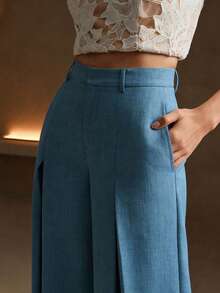 Anewsta Essential Summer Women's Designed Pleated Wide Leg Draped Blue Casual Elegant Suit Pants, Summer Work Outfits For Women, Office Outfits For Women - Dusty Blue - View 2