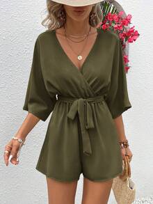 Vivid Eden Women's Summer V-Neck Criss-Cross Wrap Waist Tie-Up Lace Trim Textured Fabric Casual Vacation Romper - Dark Green - View 4