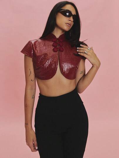 MUSERA Top Bolero Crop Aperto Davanti in PU Rosso per Vacanze Estive Festival Ibiza Black Lotus