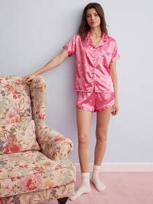 Elorette Imitated Silk Heart Print Short Sleeve Top And Shorts Pajamas Set - Hot Pink - View 2