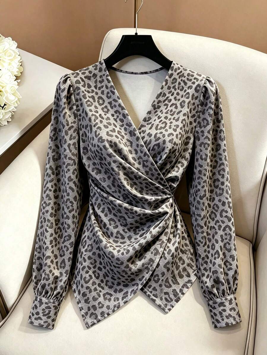 Franclia French Vintage Leopard Print V-Neck Wrap Blouse - Multicolor - View 1