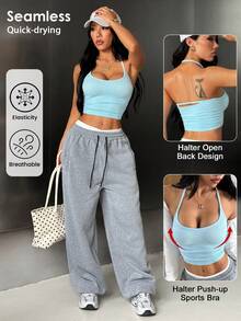 Seamluxe SHEIN Sport Seamless Sports Tank Top, Sports T-Shirt, Sexy Backless Slim Fit, Casual Sports Tank Top - Baby Blue - View 1
