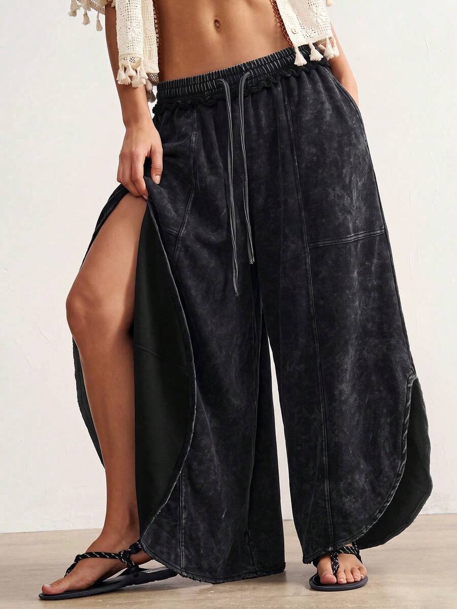 Bohemela Casual Grunge Country Solid Color Compass Loose Washed Women's Long Pants Concert Black Autumn - Black - View 1